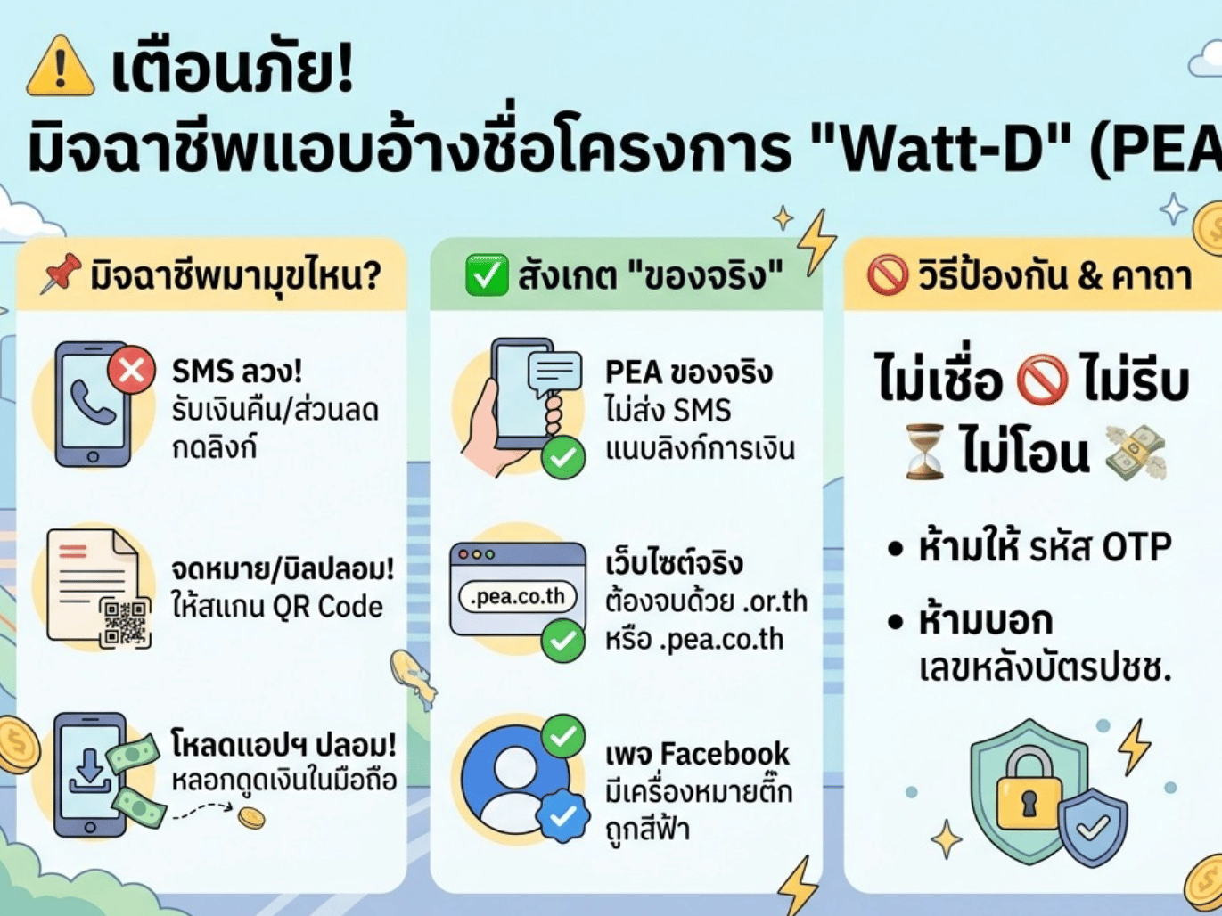 เตือนภัย! อย่าหลงเชื่อ... มิจฉาชีพแอบอ้างชื่อโครงการ "Watt-D" จากการไฟฟ้าส่วนภูมิภาค