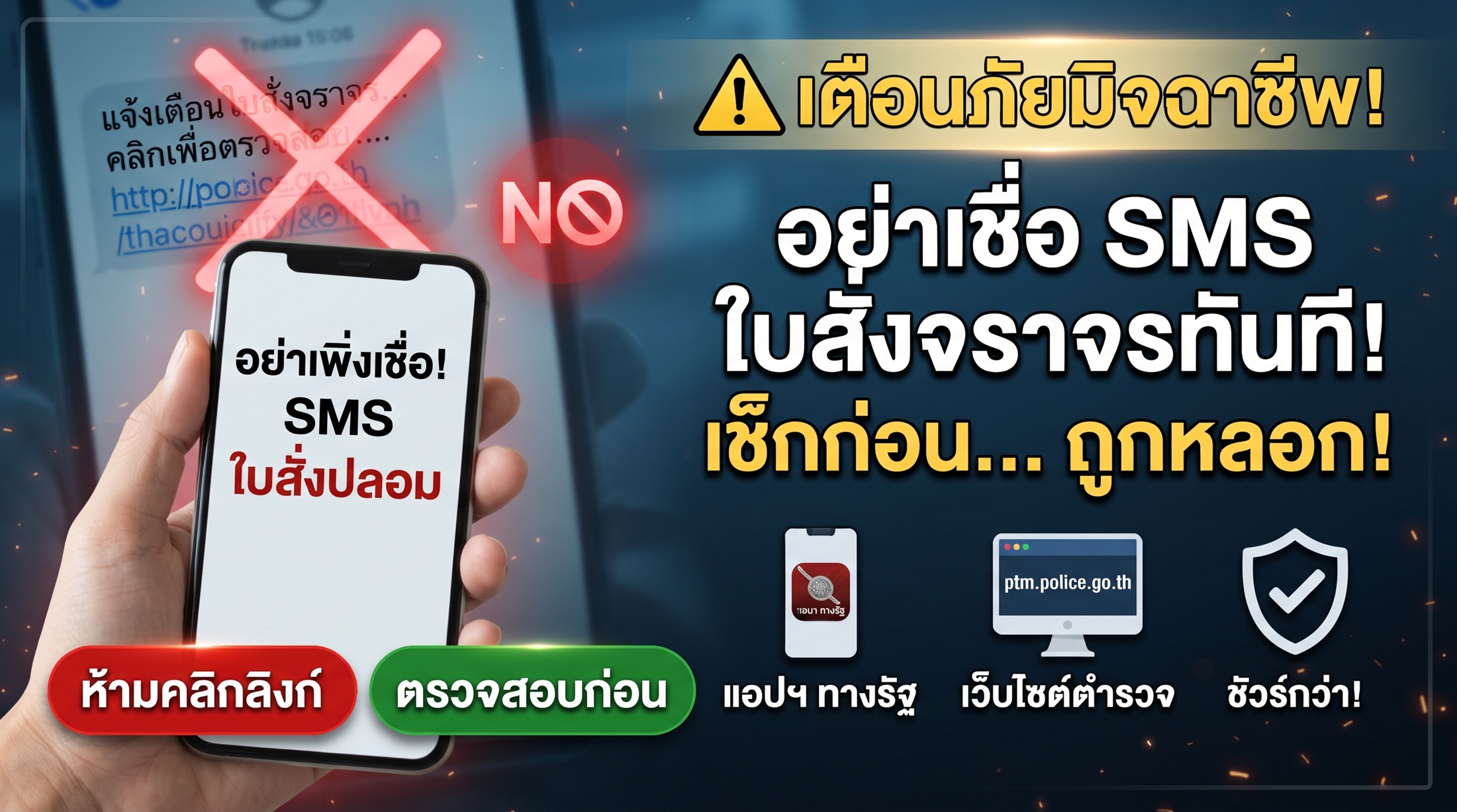 อย่าเชื่อ SMS แจ้งใบสั่งจราจร เช็กก่อนคลิก ป้องกันมิจฉาชีพหลอก
